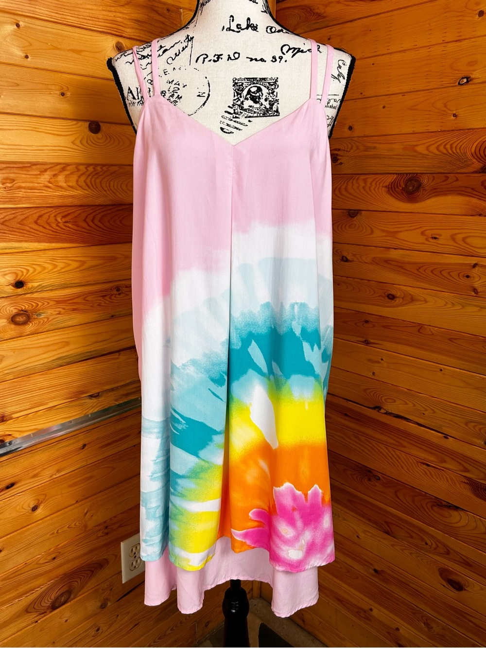 Sleeveless Pink Tie-Dye Dress with Floral Accent